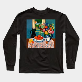 Black Cat with Flowers in a White Vase Still Life Painting Long Sleeve T-Shirt